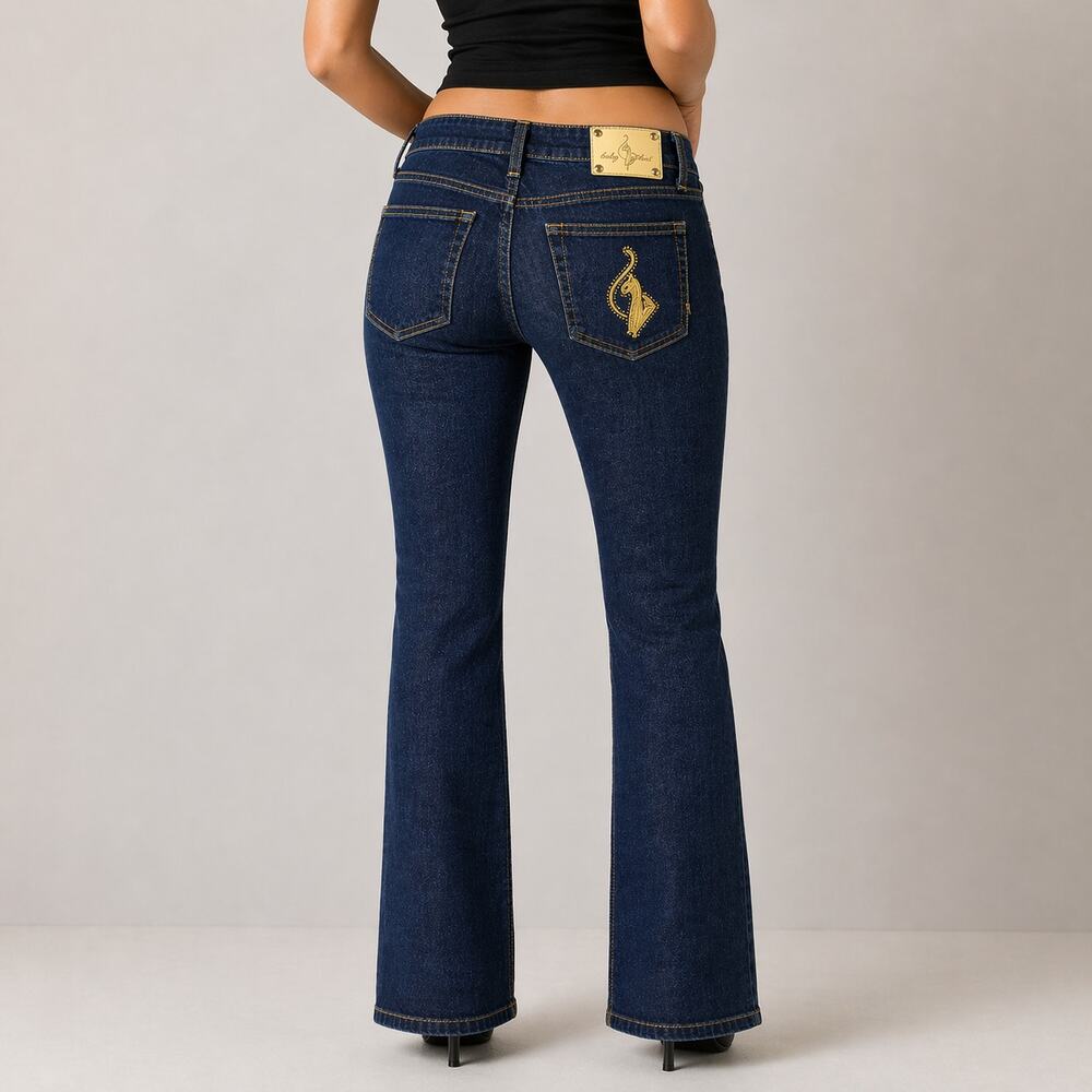 Vintage Y2K Baby Phat Bootcut Jeans Size 11 30x34 Dark Wash Big Cat Logo Stretch